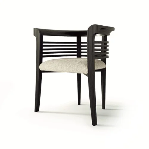 Dolfin armchair in solid wood with a black finish, curved profiles, and a beige upholstered seat, inspired by Venetian design. Luxurious contemporary furniture for the living room or dining area. Custom Italian furniture by Carpanelli, designed in Desio, Made in Italy.