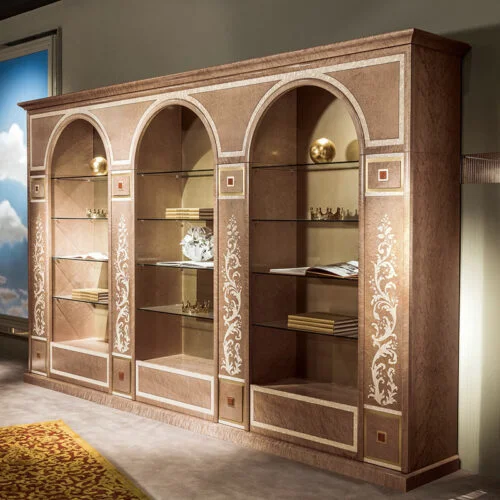 Libreria Tre Archi classica di design in legno intarsiato con colonne decorative, Carpanelli made in Italy.