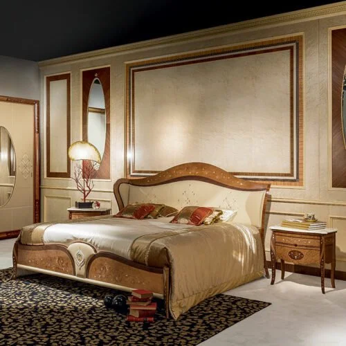 Letto Arts Imbottito classico con struttura in legno e rivestimento in tessuto pregiato, di design raffinato, made in Italy by Carpanelli.
