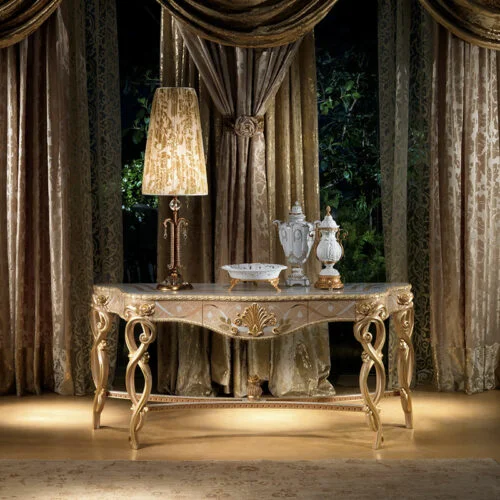 Consolle Vanity classica di design elegante in legno intarsiato con finiture luxury, Carpanelli made in Italy.