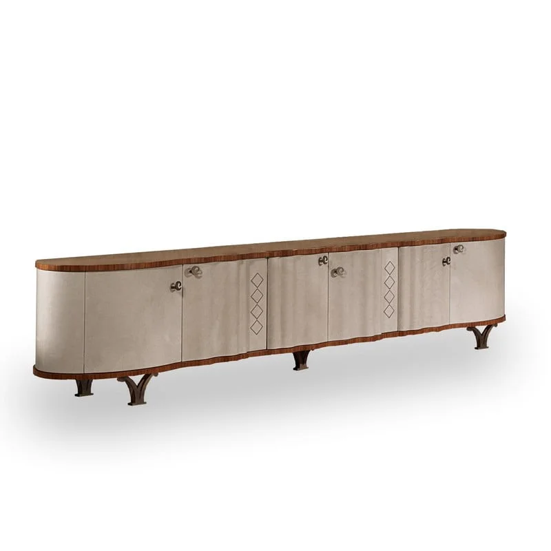 cr56k Credenza di design Mistral in pelle King Size, con top in noce canaletto e piedini in metallo bronzato. Arredo di lusso curvilineo per soggiorno o zona giorno, Made in Italy by Carpanelli.