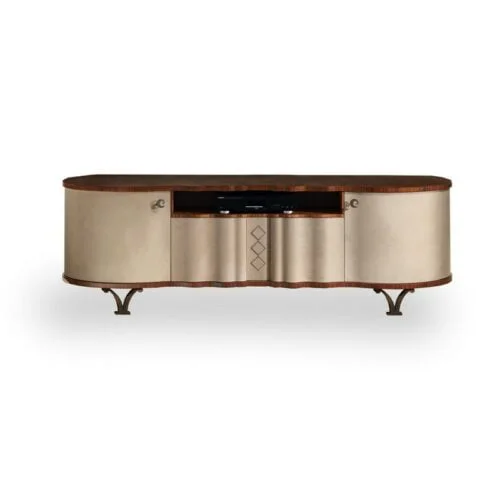 Mobile porta TV di design contemporaneo Mistral, rivestito in pelle nabuk con piano in noce canaletto e piedini in metallo bronzato. Arredo di lusso per zona giorno, italian furniture by Carpanelli.
