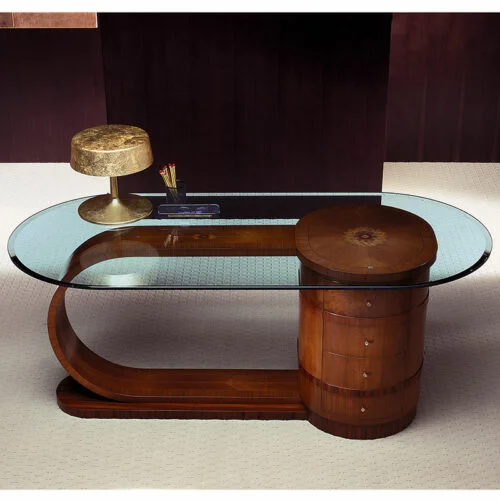 Zebrano desk with glass top, classic design, handcrafted in zebrano wood, with an elegant and modern structure, Carpanelli made in Italy.
