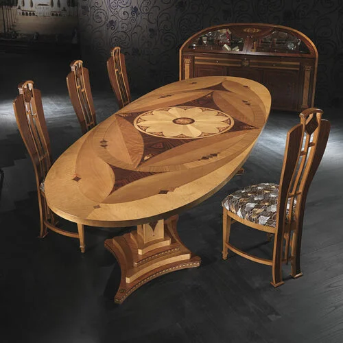 Tavolo Dalì a due colonne classico di design elegante in legno intarsiato con struttura monumentale, made in Italy by Carpanelli.
