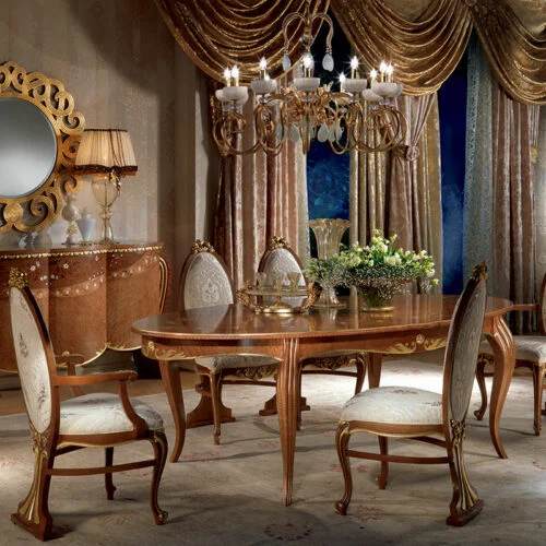 Tavolo ovale allungabile Vanity classico in legno intarsiato di design elegante per zona giorno luxury, Carpanelli made in Italy.