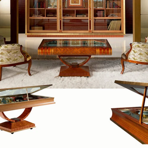 Tavolino Libro classico in legno di design artigianale con piano apribile, Carpanelli made in Italy.