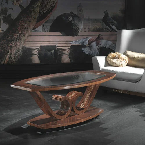 Tavolino Le Volute classico in legno intarsiato di design scultoreo artigianale, Carpanelli made in Italy.